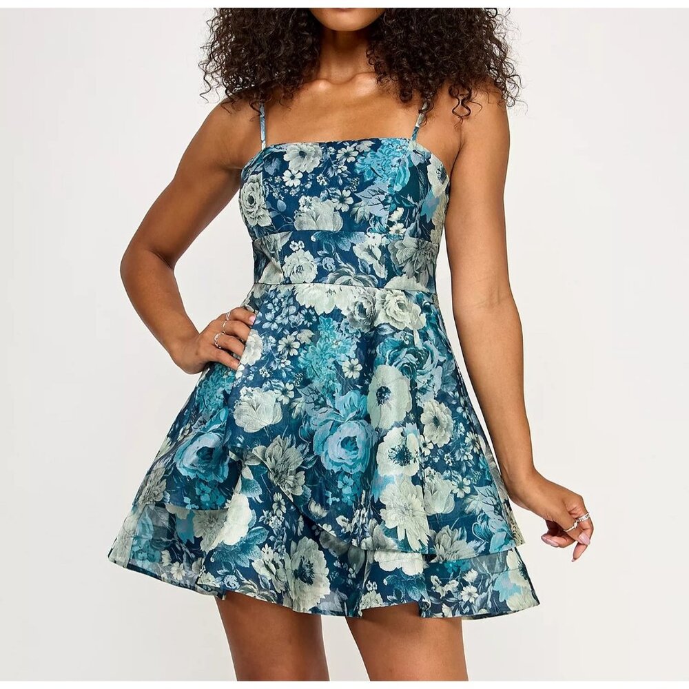 KATIA RAE Womens Juniors Printed Organza Floral Fit Flare Dress Blue Size S NWT